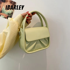 Girl Solid Pu Small Square Bag Pleated Casual Tote
