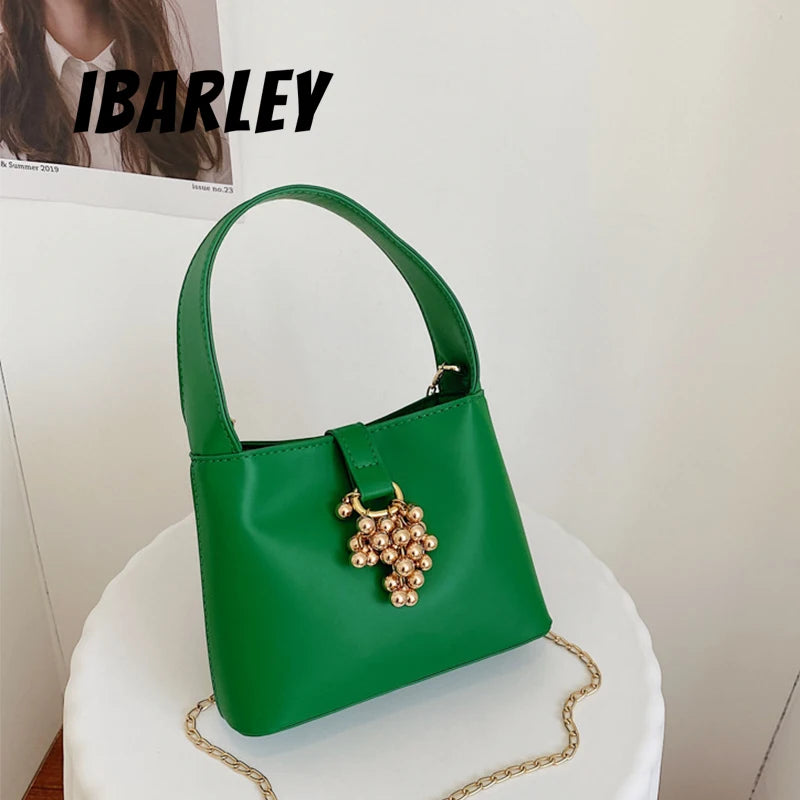 Grape Beaded Chain Ladies Bucket Bag Solid Pu Shoulder Bag