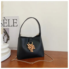 Grape Beaded Chain Ladies Bucket Bag Solid Pu Shoulder Bag