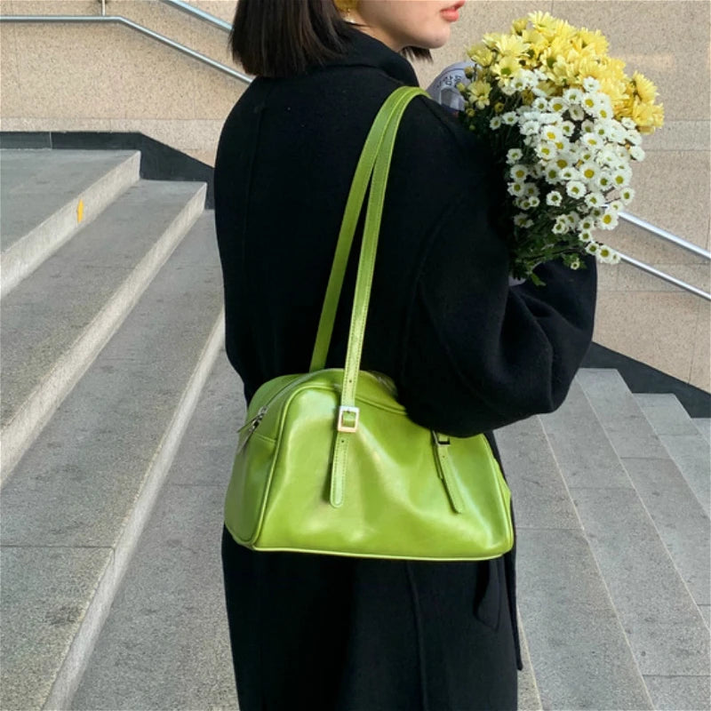 Green PU Leather Women Shoulder Bags Solid Tote Handbags