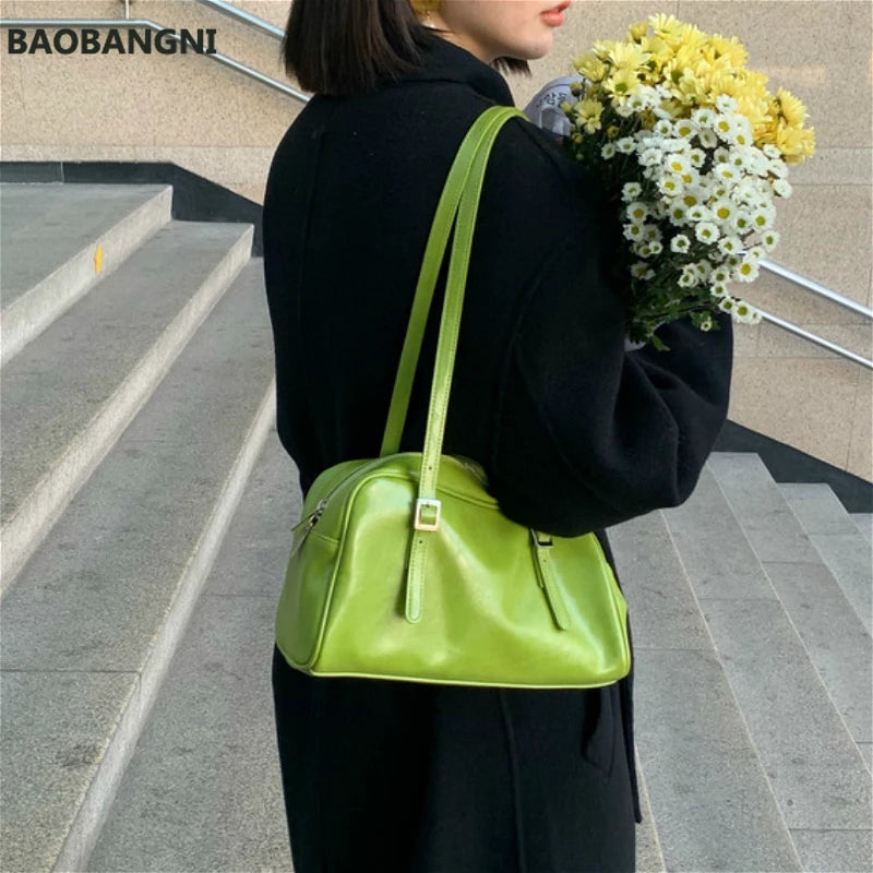 Green PU Leather Women Shoulder Bags Solid Ladies Tote Handbags