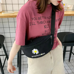 Women Mini Bucket Pouch Daisy Printed Canvas Waist Bag