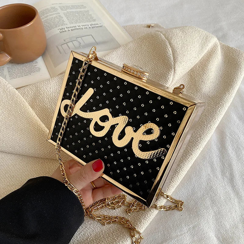 Sequine Love Letter Decoration Shoulder Bag Metal Frame Evening Diamond Chain Ba