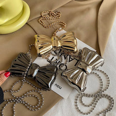 Metal Bow Shape Chain Shoulder Bag Silver Clutch for Women