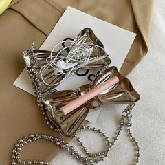 Metal Clutches Bow Shape Mini Party Evening Purse Silver Bags