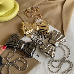 Metal Clutches Bow Shape Mini Evening Purse Silver Bags