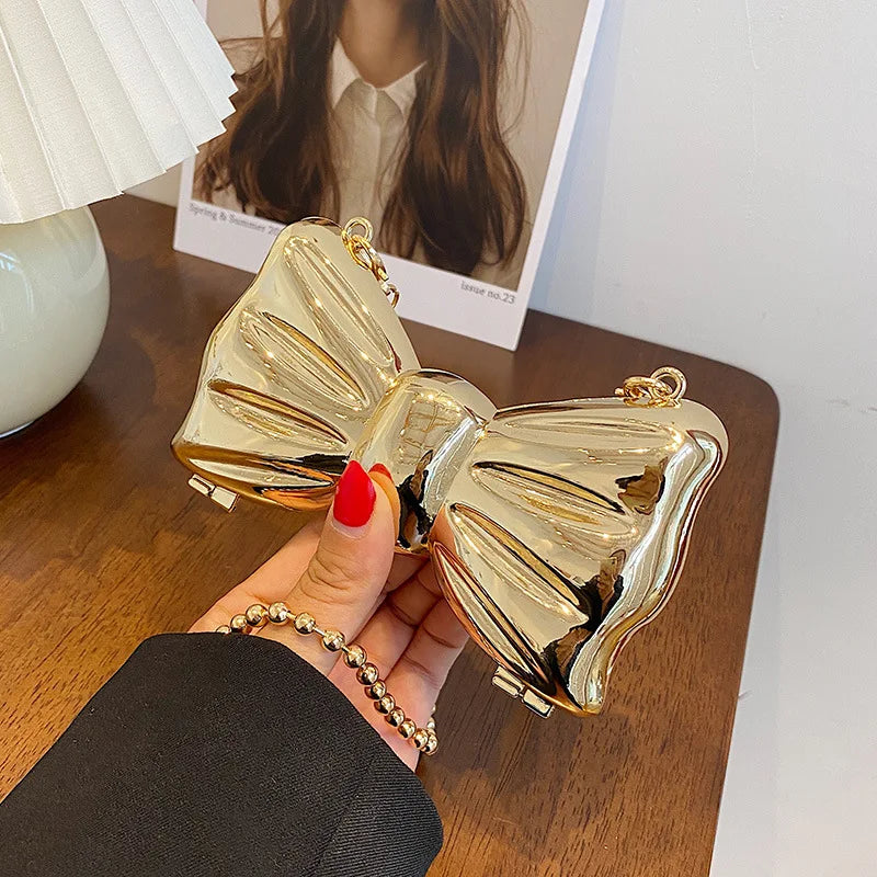 Metal Clutches Bow Shape Mini Evening Purse Silver Bags