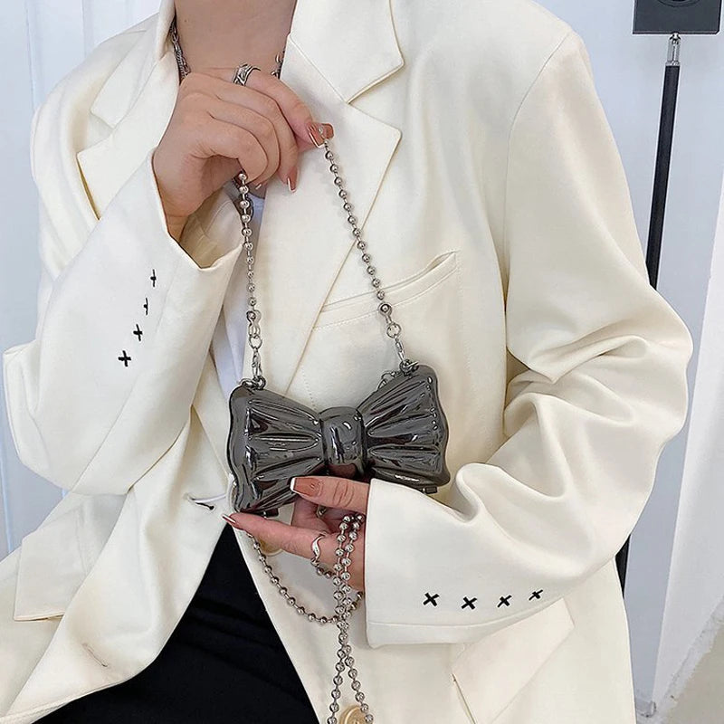 Metal Clutches Bow Shape Mini Party Evening Purse Silver Bags