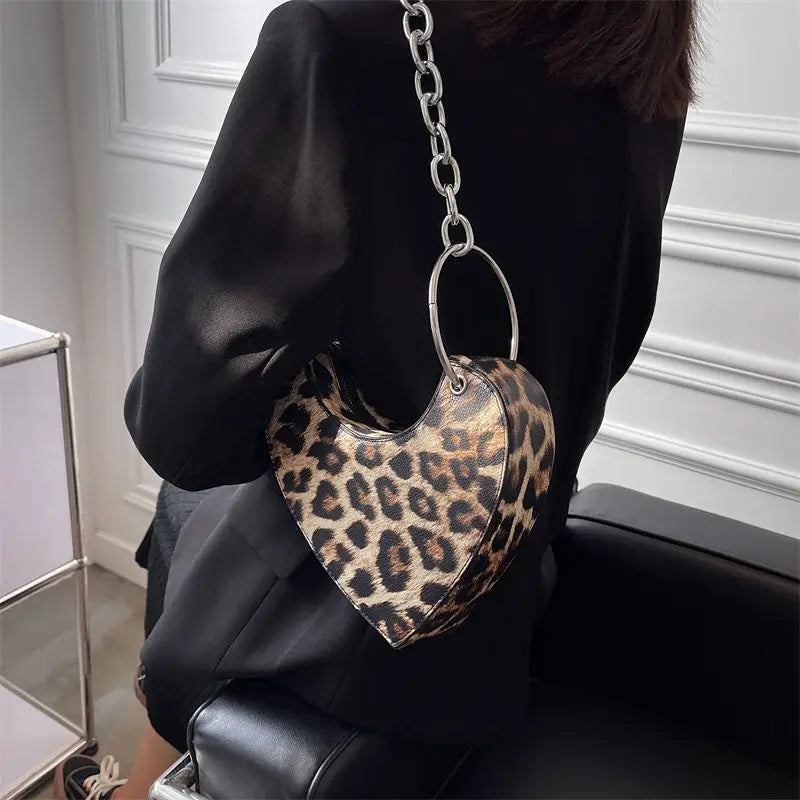 Leopard Print Women Pu Leather Shoulder Bag Heart Shape Underarm Purse