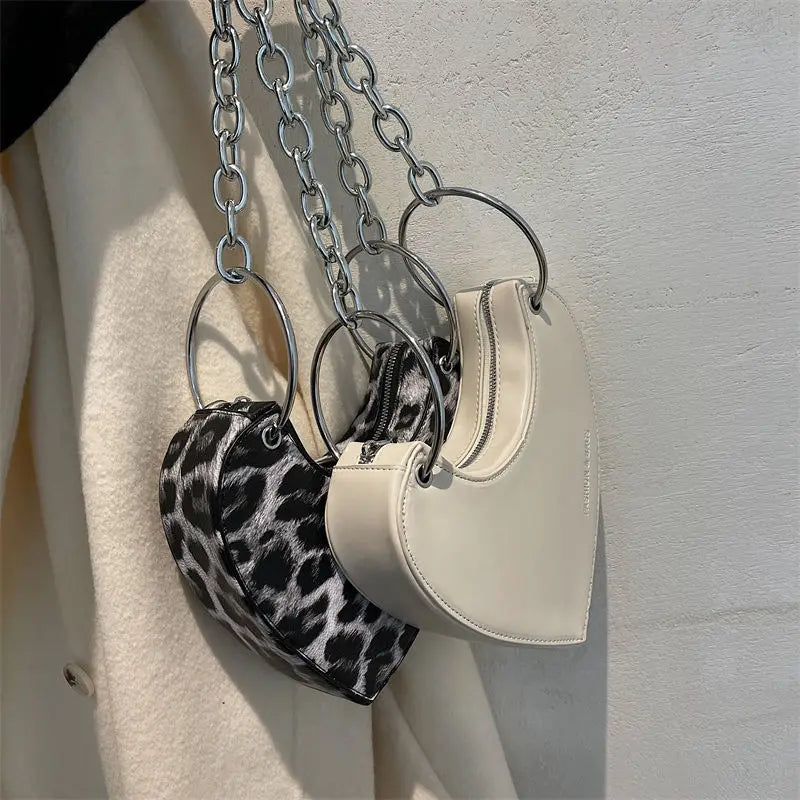 Leopard Print Women Pu Leather Shoulder Bag Heart Shape Underarm Purse