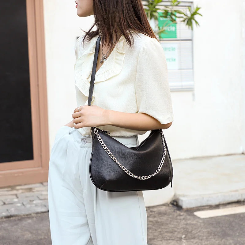 Women Chain Shoulder Bag High Capacity Cowhide Handbag