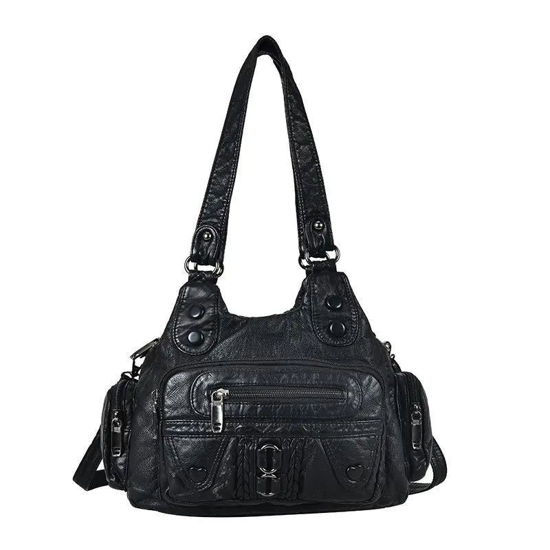 High Washed PU Leather Handbag Large Capacity Shoulder Bag Purse