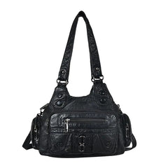 High Washed PU Leather Handbag Large Capacity Shoulder Bag Purse
