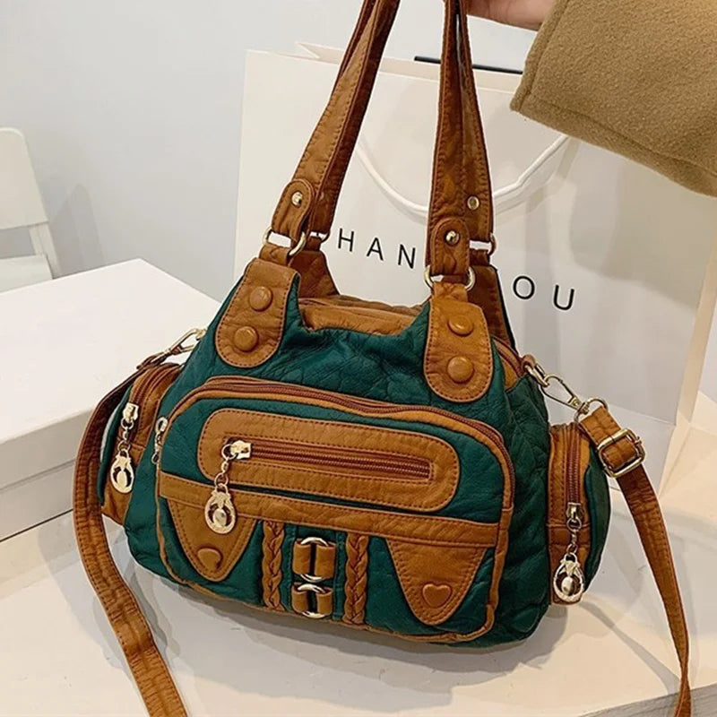 High Washed PU Leather Handbag Large Capacity Shoulder Bag Purse
