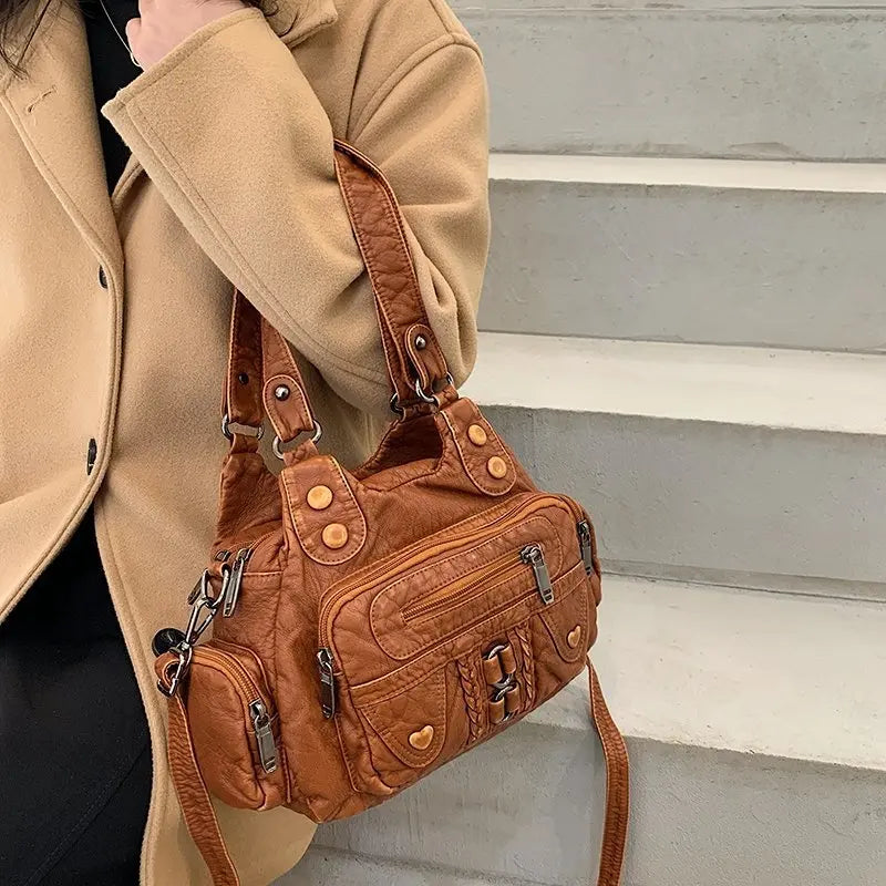 High Washed PU Leather Handbag Large Capacity Shoulder Bag Purse
