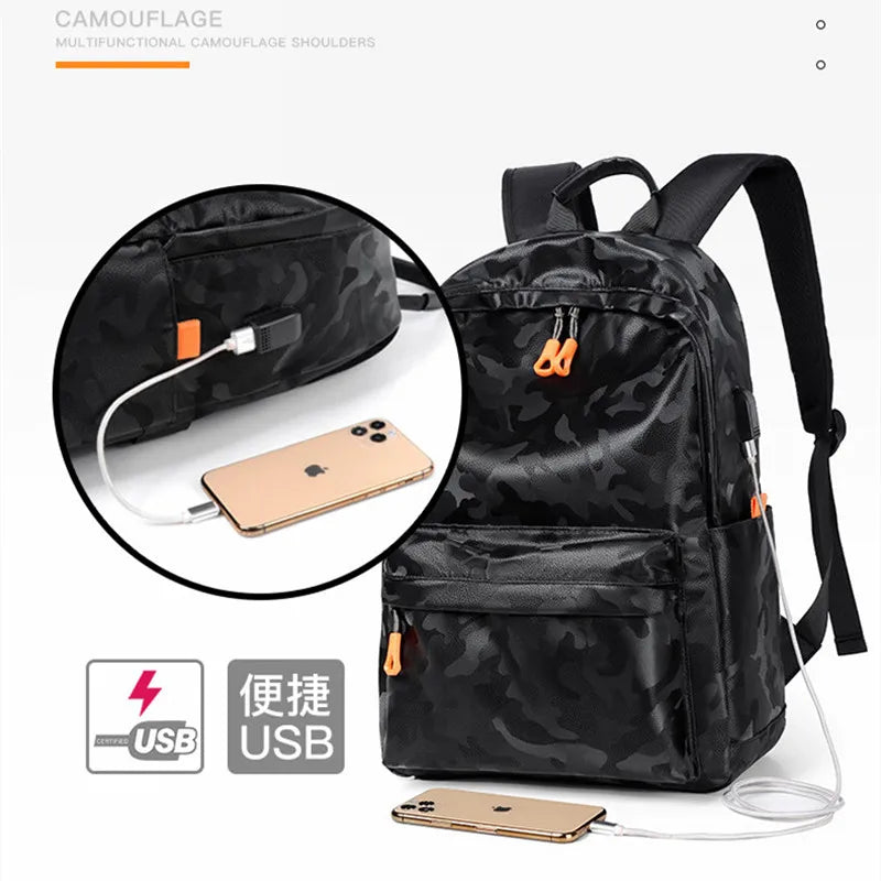 Waterproof Camo Oxford Travel Backpack USB Charging Laptop School Bag