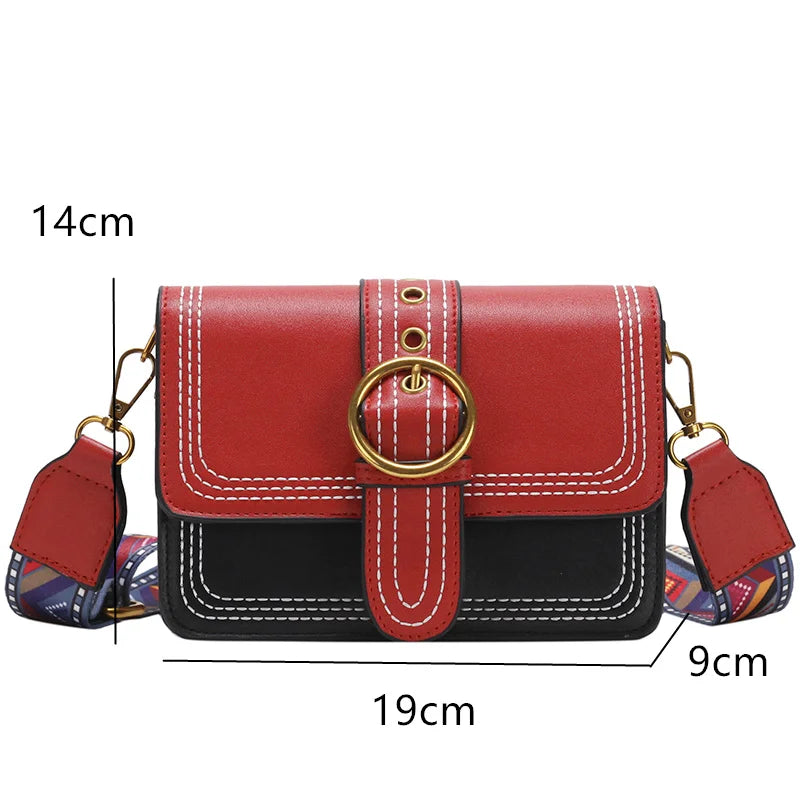 Retro Crossbody Bag Metal Ring Lock Wide Shoulder Strap Small Square Bags
