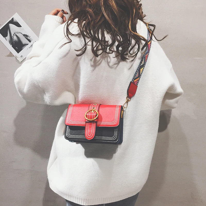 Retro Crossbody Bag Metal Ring Lock Wide Shoulder Strap Small Square Bags