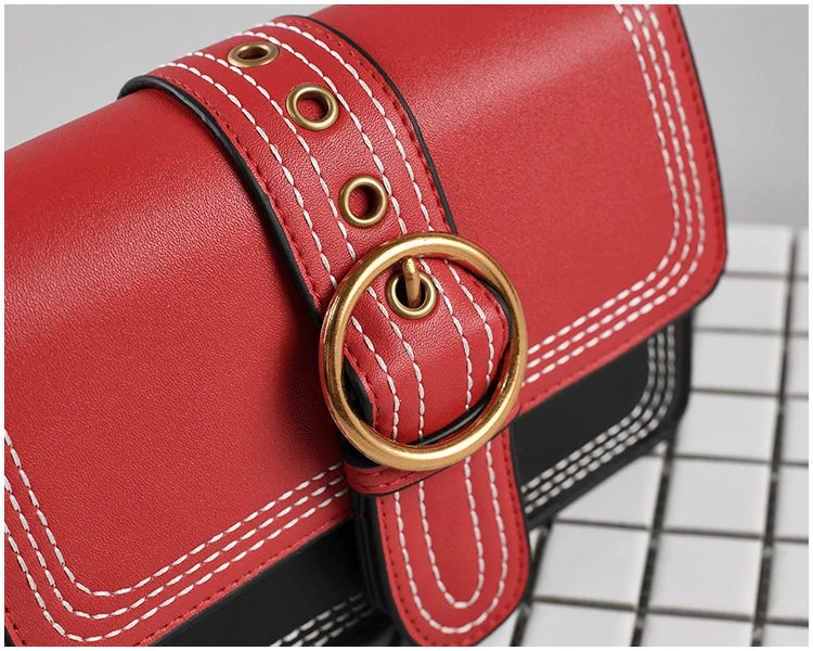 Retro Crossbody Bag Metal Ring Lock Wide Shoulder Strap Small Square Bags