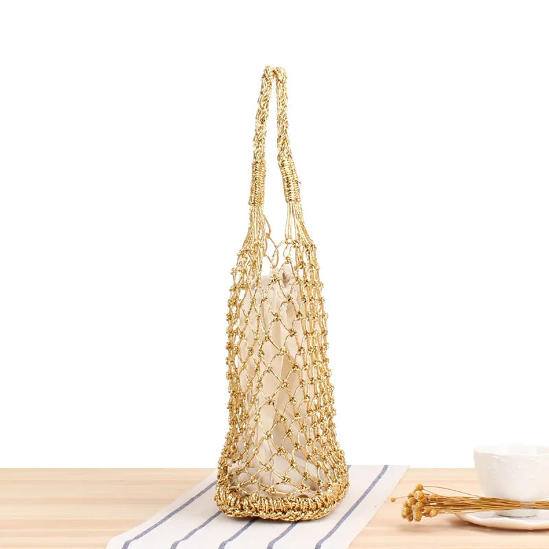 Silver Thread Hand Woven Shoulder Bag Straw Handbag Hard Bottom