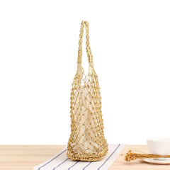Silver Thread Hand Woven Shoulder Bag Straw Handbag Hard Bottom