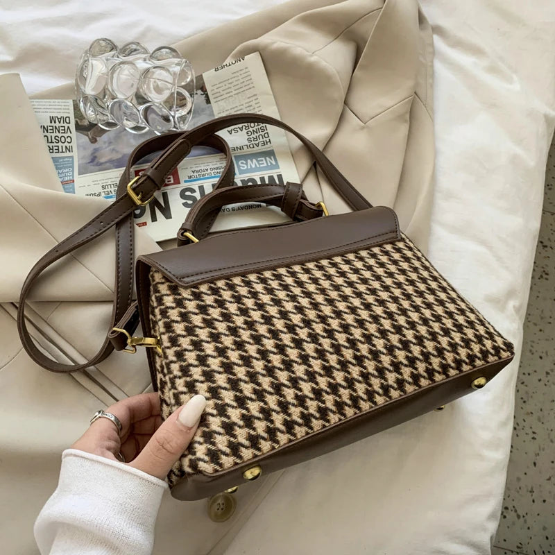 Houndstooth Crossbody Messenger Bag Purse with Scarf