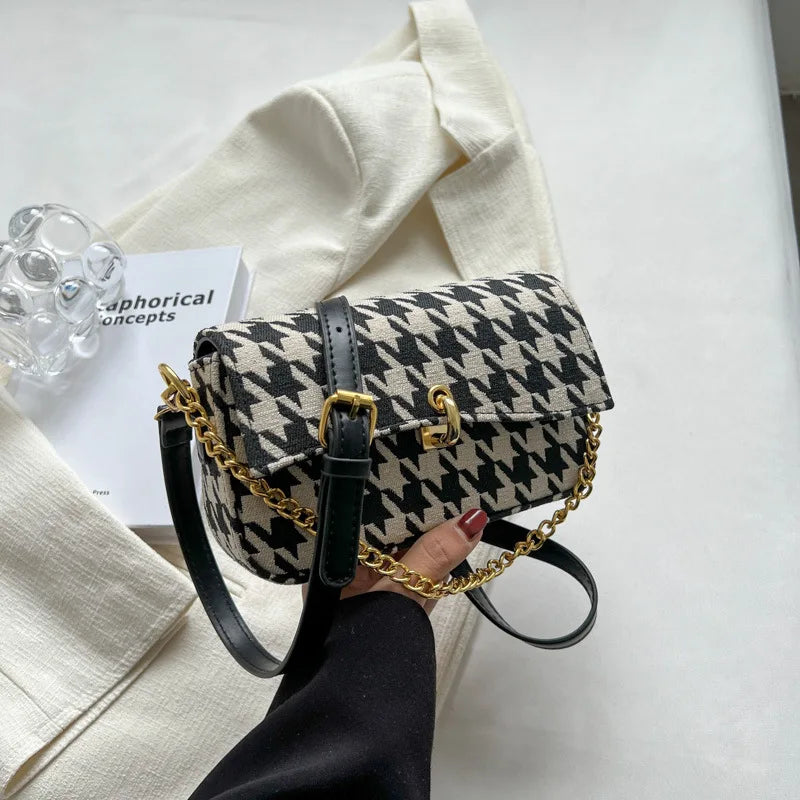 Houndstooth Flap Shoulder Messenger Purses Chains Vintage Handbags