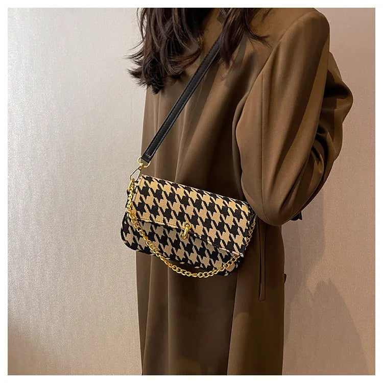 Houndstooth Flap Shoulder Messenger Purses Chains Vintage Handbags
