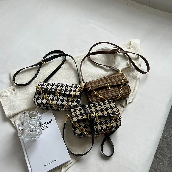 Houndstooth Flap Shoulder Messenger Purses Chains Vintage Handbags