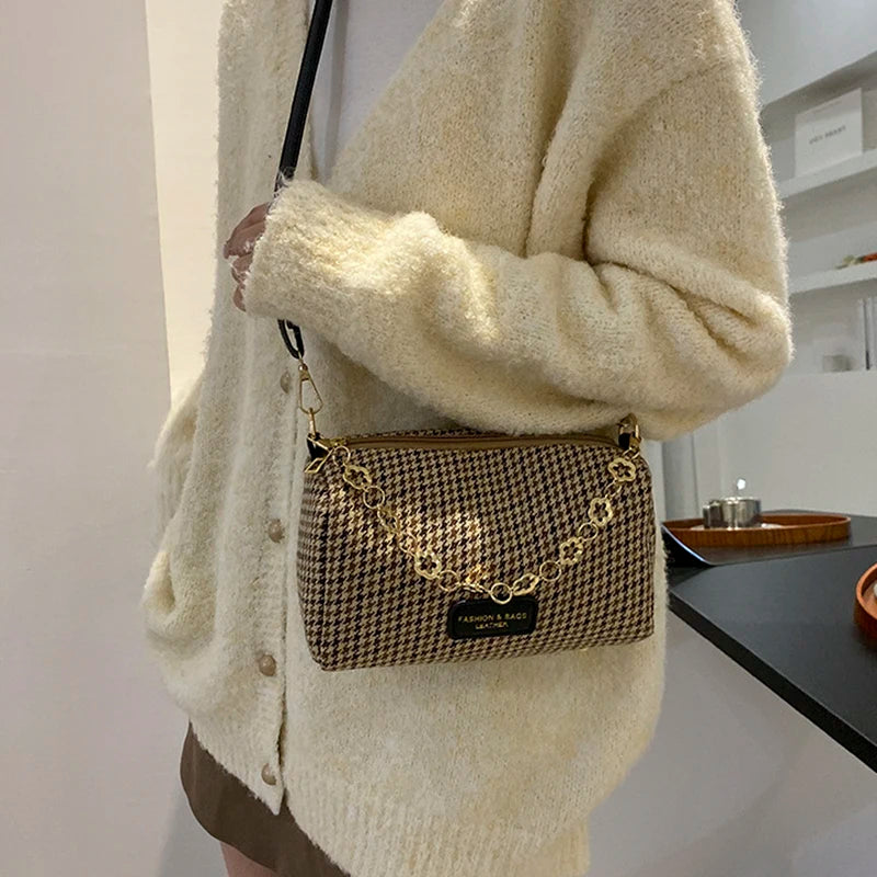 Houndstooth Shoulder Bag Women's Leather Crossbody Handbag
