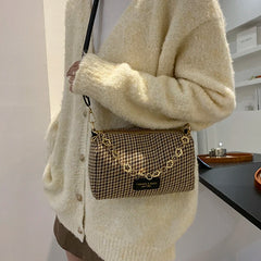 Houndstooth Shoulder Bag Women's Leather Crossbody Handbag