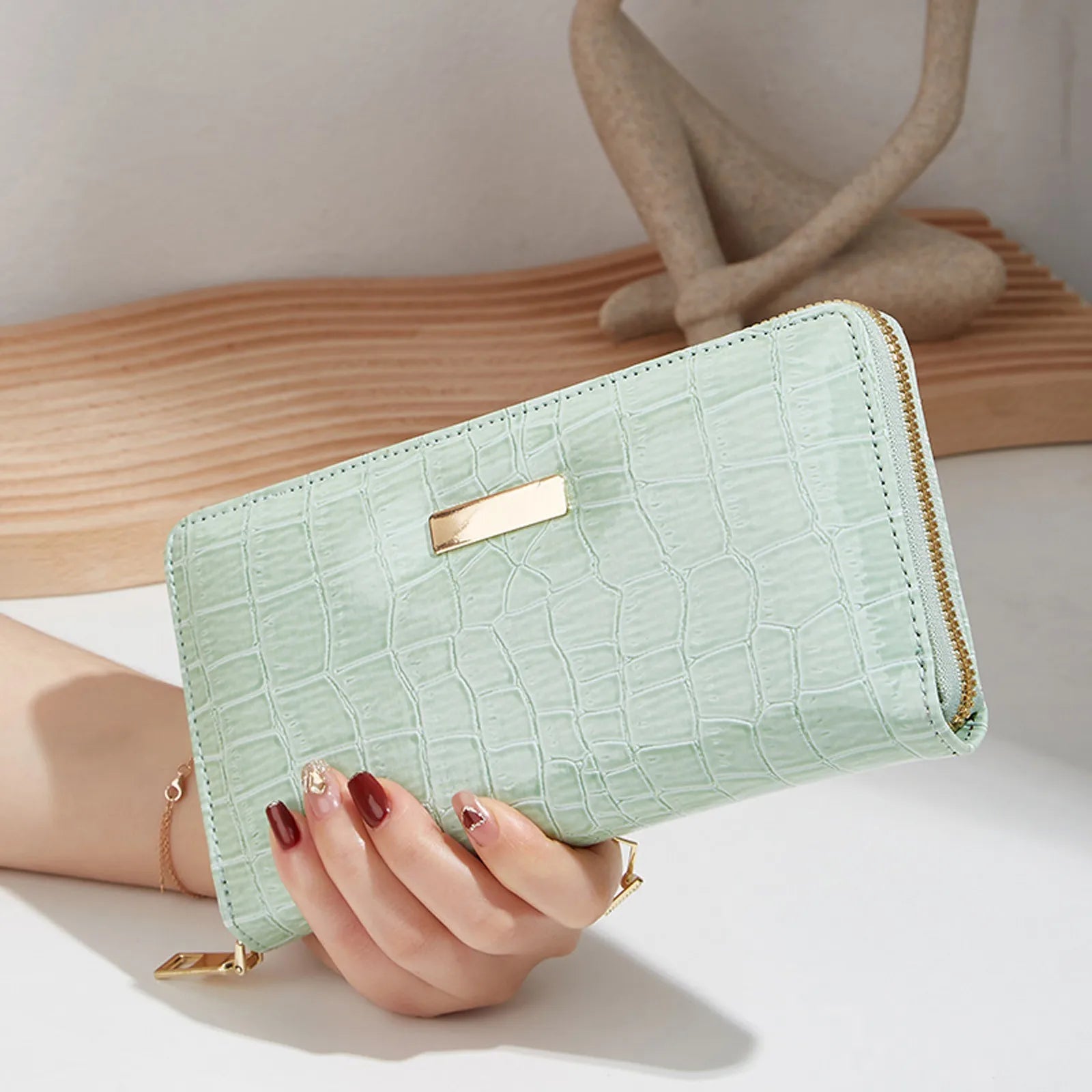 Stone Pattern Long Wallet Solid Women Zipper Purse Card Clutch Bag