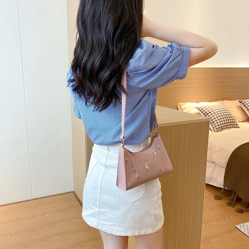 Women Embroidery Flower Underarm Bag Retro Solid Handbags