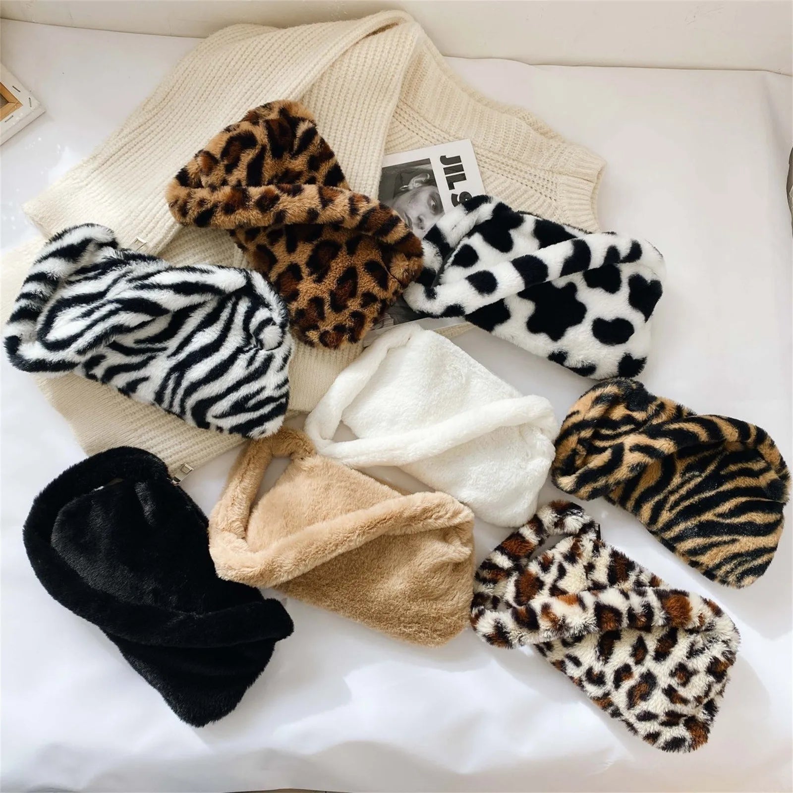 Leopard Print Furry Plush Shoulder Bag for Women