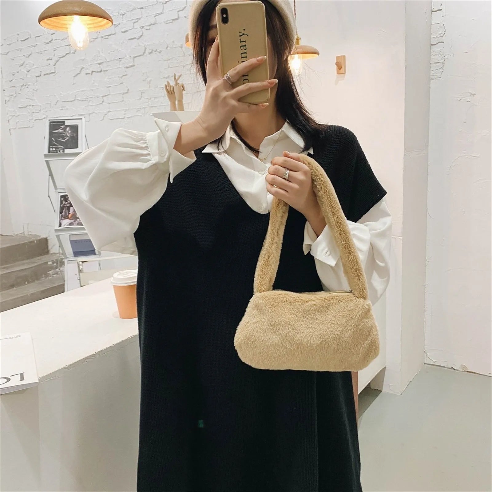 Leopard Print Furry Plush Shoulder Bag for Women