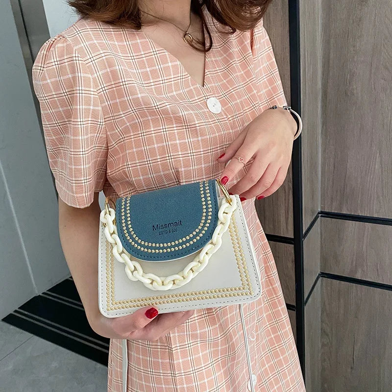 Women's Small Bag Chain Handle Embroidered Trim Contrast Messenger Bag