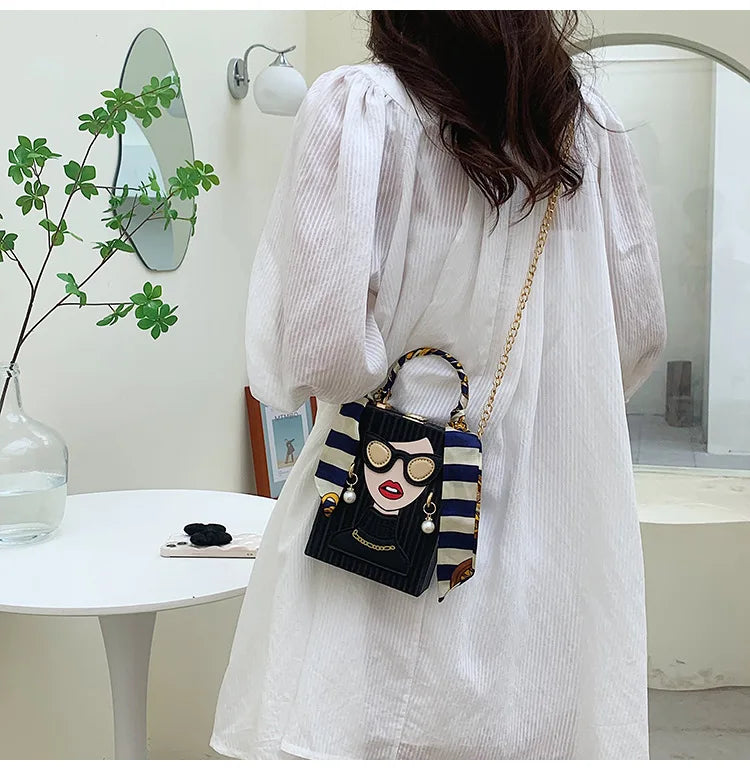 Lady Face Box Shaped Party Clutch Chain Shoulder Bag