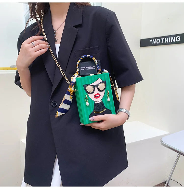 Lady Face Box Shaped Party Clutch Chain Shoulder Bag