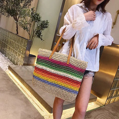 Rainbow Lady Handbag Shoulder Straw Bag Beach Version