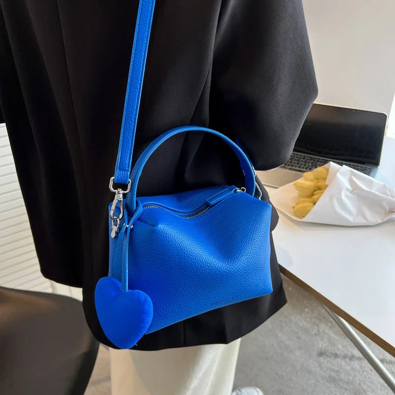 Women's Solid Handbags w/ Love Pendant, Leather Crossbody Bag