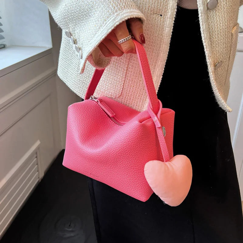 Women's Solid Handbags w/ Love Pendant, Leather Crossbody Bag