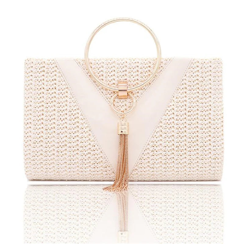 Women Summer Handbag Metal Handle Tassel Band Crossbody Purse