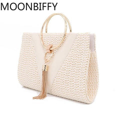 Women Summer Handbag Metal Handle Tassel Band Crossbody Purse