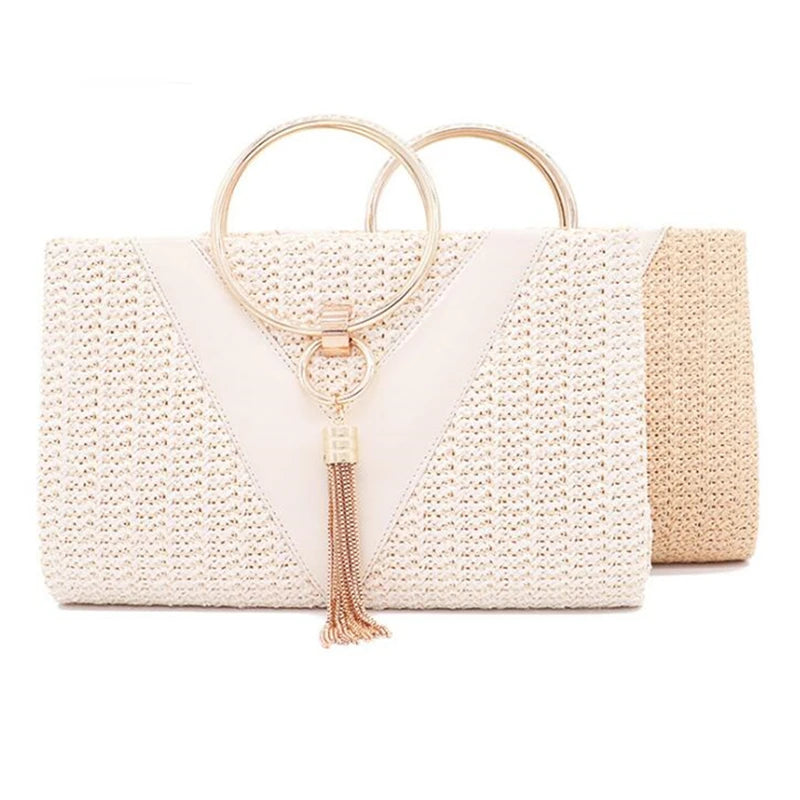 Women Summer Handbag Metal Handle Tassel Band Crossbody Purse