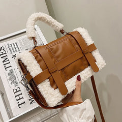 Brown Lamb Wool Shoulder Bag Quilted Handbag Large Crossbody Purse