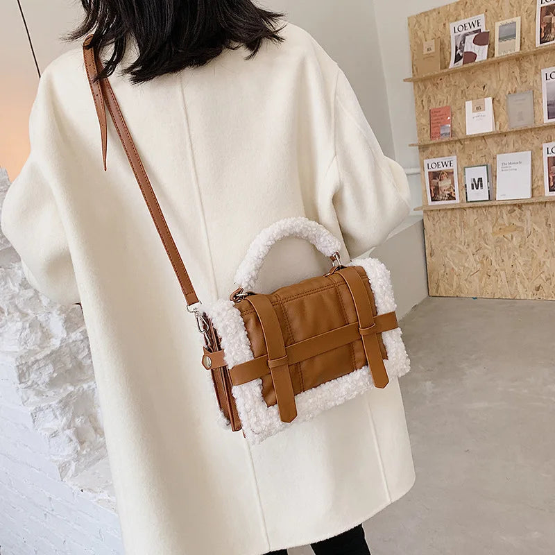 Brown Lamb Wool Shoulder Bag Quilted Handbag Large Crossbody Purse