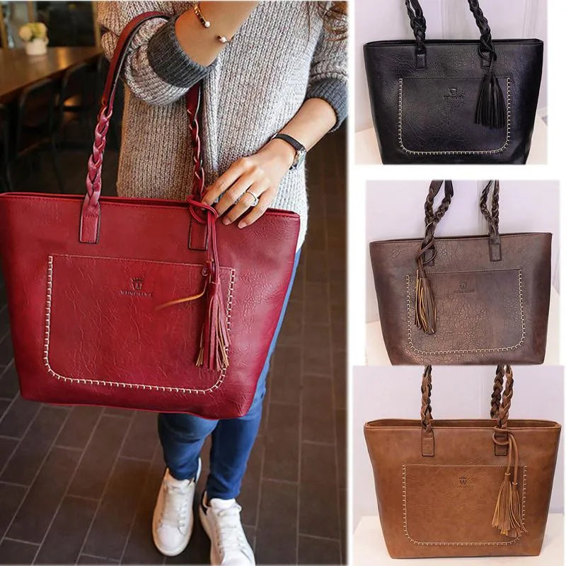 Large Capacity Leather Fringe Shoulder Bag for Women