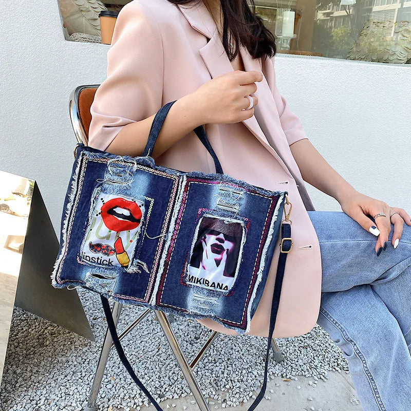 Large Pocket Casual Tote Women's Handbag Shoulder Handbags Denim Leather
