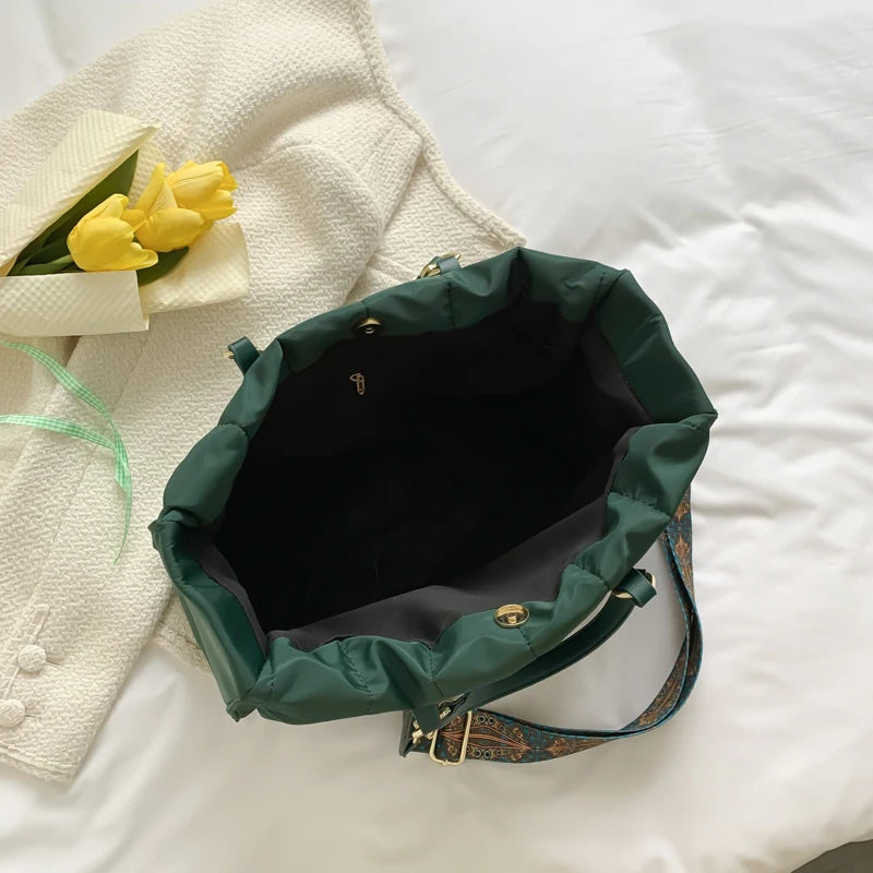 Green Beige Padded Handbag Winter Down Cotton Tote Nylon Crossbody Bag