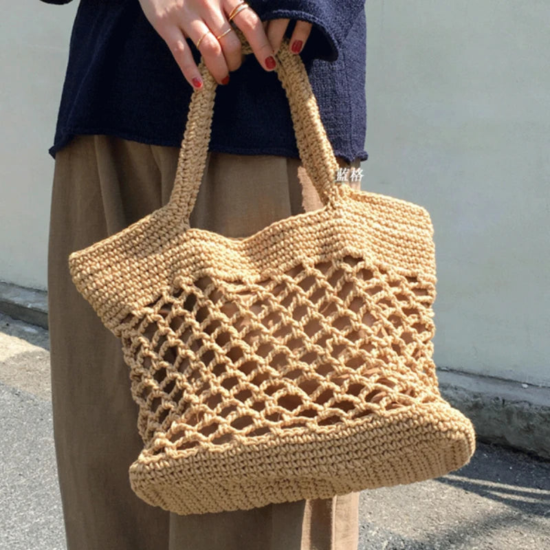 Straw Beach Shoulder Tote Handbag Hollow Out Shopping Bag